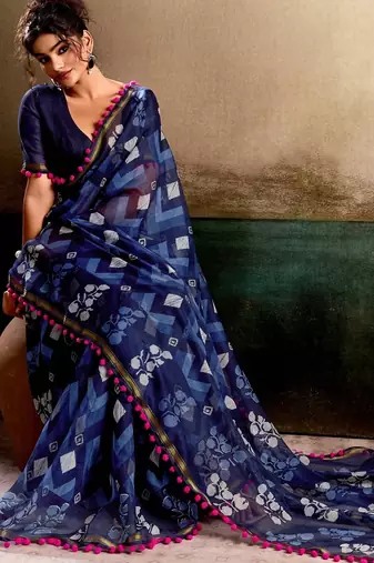 Blue floral cotton silk ethnic saree