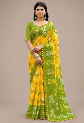 Green floral cotton silk ethnic saree 1