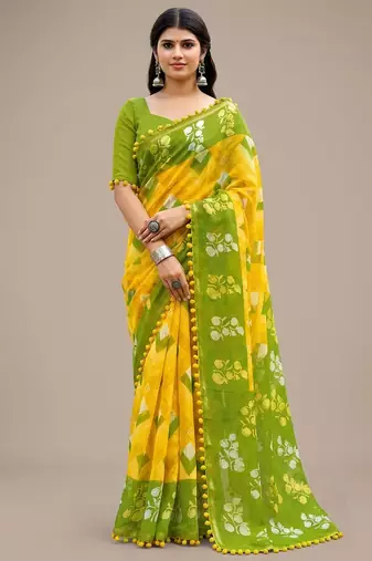 Green floral cotton silk ethnic saree