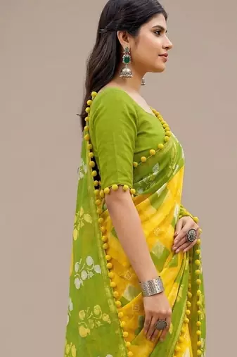 Green floral cotton silk ethnic saree