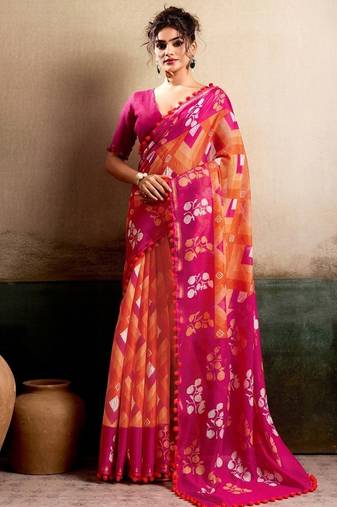 Pink floral cotton silk ethnic saree
