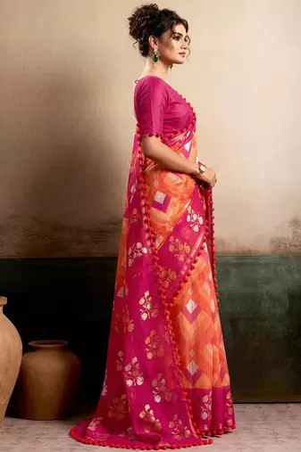 Pink floral cotton silk ethnic saree