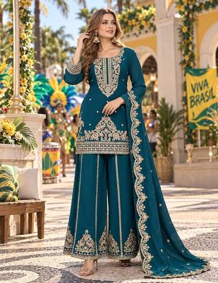 Teal viscose readymade suit with embroidery & sequence work 1