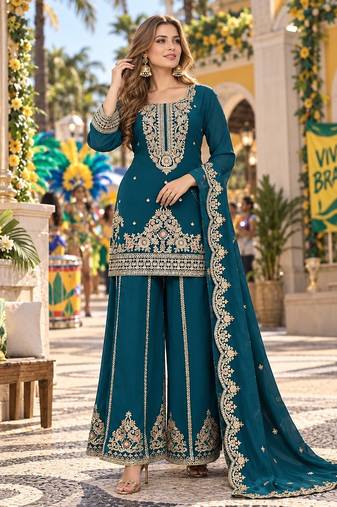 Teal viscose readymade suit with embroidery & sequence work