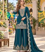 Teal viscose readymade suit with embroidery & sequence work
