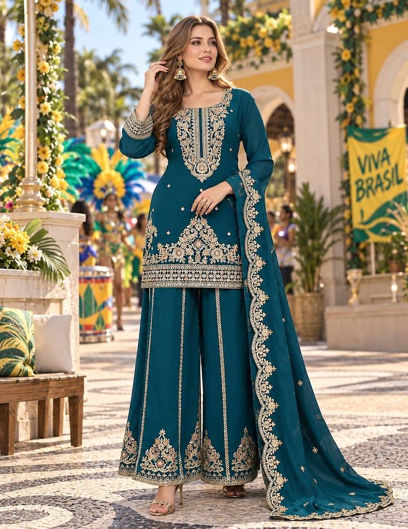 Teal viscose readymade suit with embroidery & sequence work