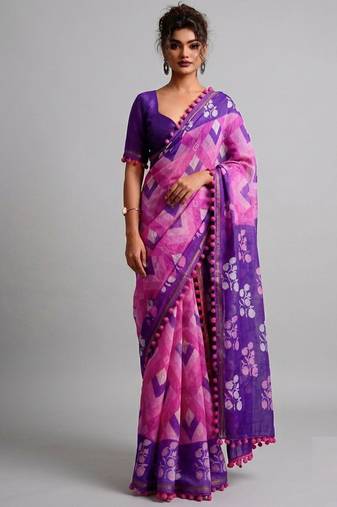 Violet floral cotton silk ethnic saree