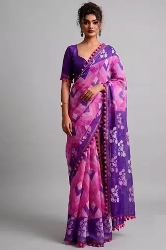Violet floral cotton silk ethnic saree