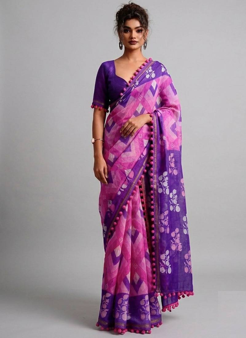 Violet floral cotton silk ethnic saree