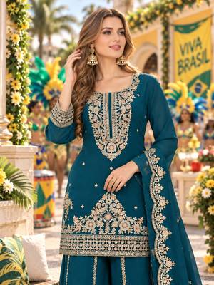 Teal viscose readymade suit with embroidery & sequence work 2