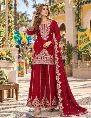 Red viscose readymade suit with embroidery & sequence work 1