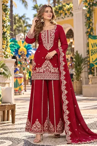 Red viscose readymade suit with embroidery & sequence work