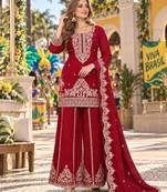 Red viscose readymade suit with embroidery & sequence work