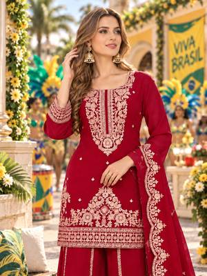 Red viscose readymade suit with embroidery & sequence work 2