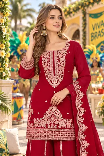 Red viscose readymade suit with embroidery & sequence work