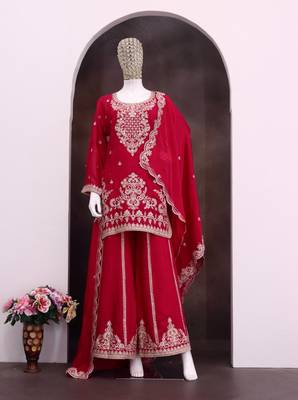 Red viscose readymade suit with embroidery & sequence work 3