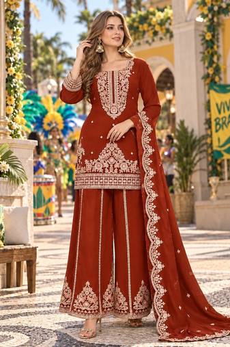Orange viscose readymade suit with embroidery & sequence work