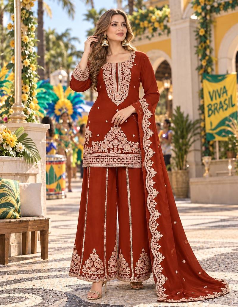 Orange viscose readymade suit with embroidery & sequence work
