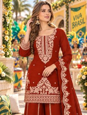 Orange viscose readymade suit with embroidery & sequence work 2