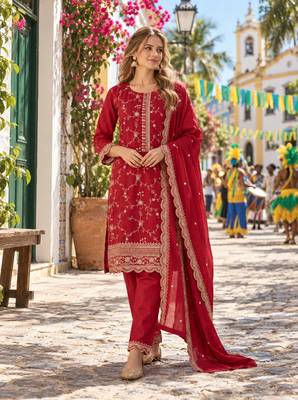 Red silk readymade suit with embroidery & zari work 1