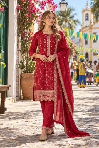 Red silk readymade suit with embroidery & zari work