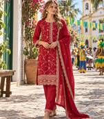 Red silk readymade suit with embroidery & zari work