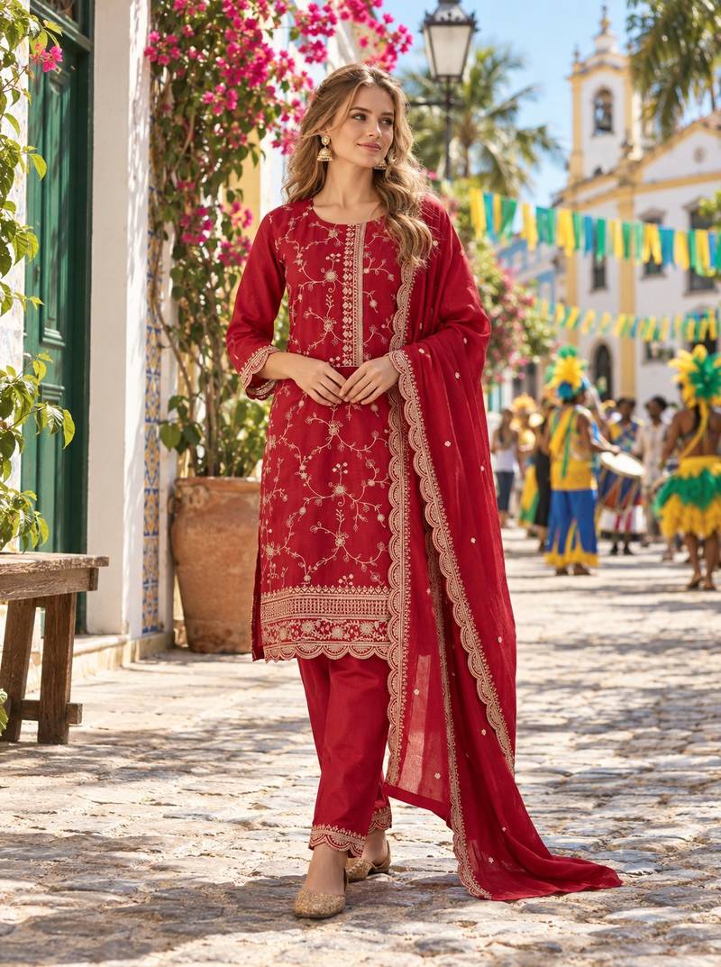 Red silk readymade suit with embroidery & zari work