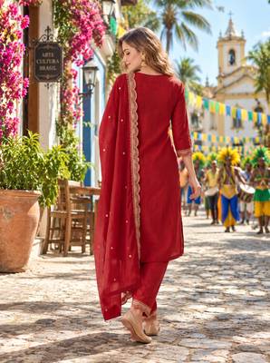 Red silk readymade suit with embroidery & zari work 2