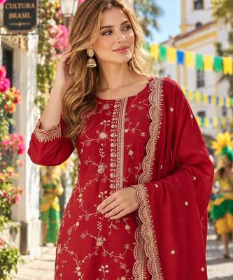 Red silk readymade suit with embroidery & zari work 3