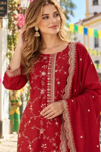 Red silk readymade suit with embroidery & zari work