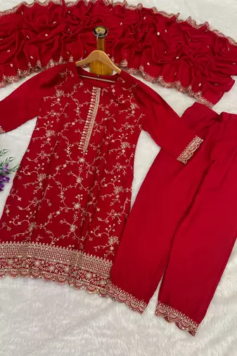Red silk readymade suit with embroidery & zari work