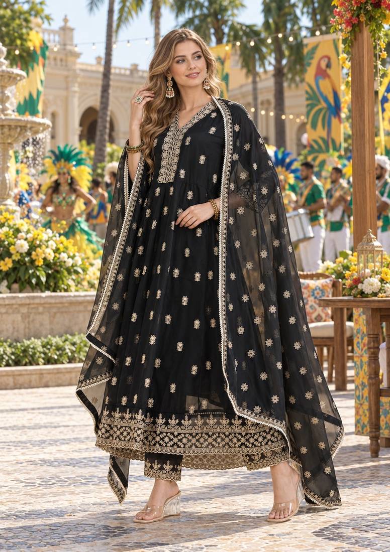Black georgette readymade anarkali suit with embroidery & sequence work