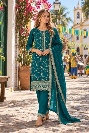 Teal silk readymade suit with embroidery & zari work