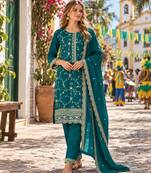 Teal silk readymade suit with embroidery & zari work