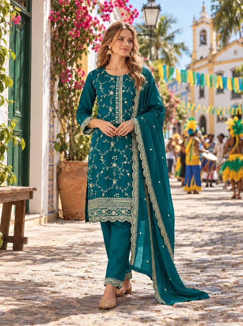 Teal silk readymade suit with embroidery & zari work