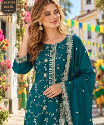 Teal silk readymade suit with embroidery & zari work 3