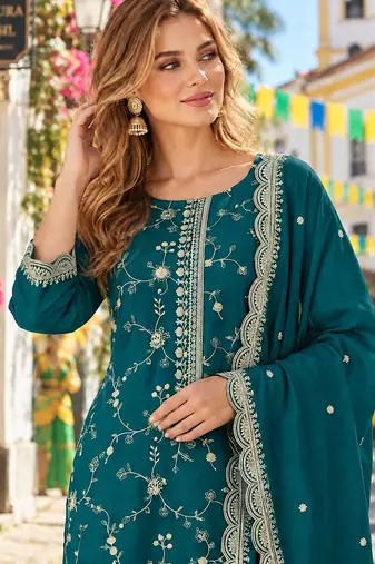 Teal silk readymade suit with embroidery & zari work