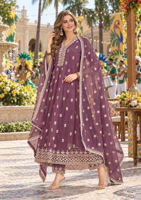 Purple georgette readymade anarkali suit with embroidery & sequence work 1