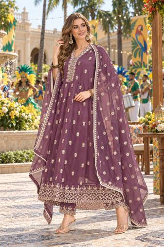 Purple georgette readymade anarkali suit with embroidery & sequence work