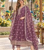Purple georgette readymade anarkali suit with embroidery & sequence work