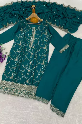 Teal silk readymade suit with embroidery & zari work