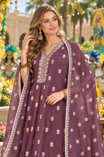 Purple georgette readymade anarkali suit with embroidery & sequence work