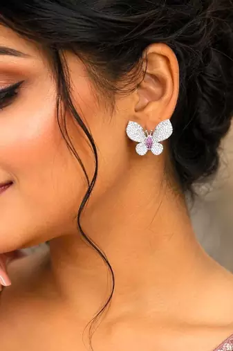 sparkling butterfly stud earrings pink cz crystal silver tone bridal wedding jewelry
