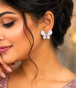 sparkling butterfly stud earrings pink cz crystal silver tone bridal wedding jewelry