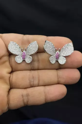 sparkling butterfly stud earrings pink cz crystal silver tone bridal wedding jewelry