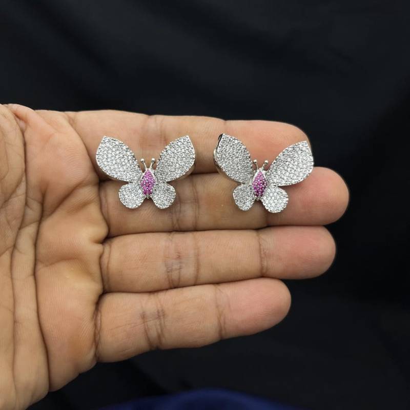 sparkling butterfly stud earrings pink cz crystal silver tone bridal wedding jewelry