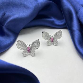 sparkling butterfly stud earrings pink cz crystal silver tone bridal wedding jewelry 3