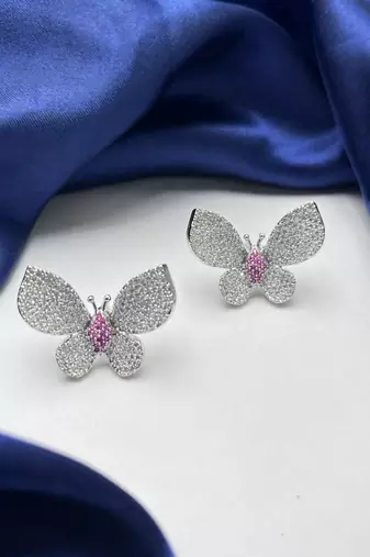 sparkling butterfly stud earrings pink cz crystal silver tone bridal wedding jewelry