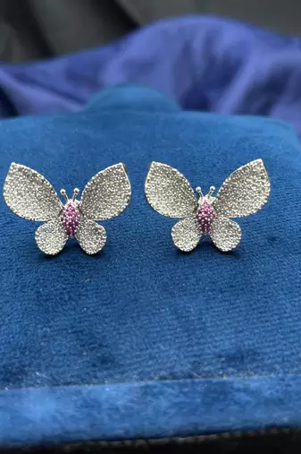 sparkling butterfly stud earrings pink cz crystal silver tone bridal wedding jewelry