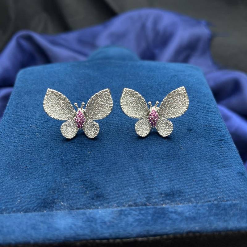 sparkling butterfly stud earrings pink cz crystal silver tone bridal wedding jewelry